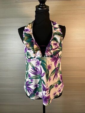 a.n.a Floral Halter Tankini Top Ruffle Neckline Pink Purple Green Print Medium